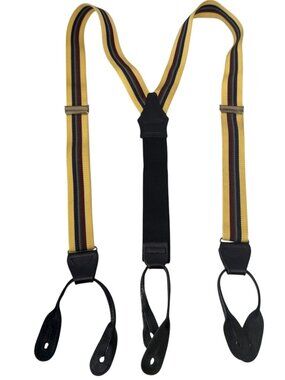 POLO RALPH LAUREN Suspenders Yellow Stripe Black Leather Preppy Menswear